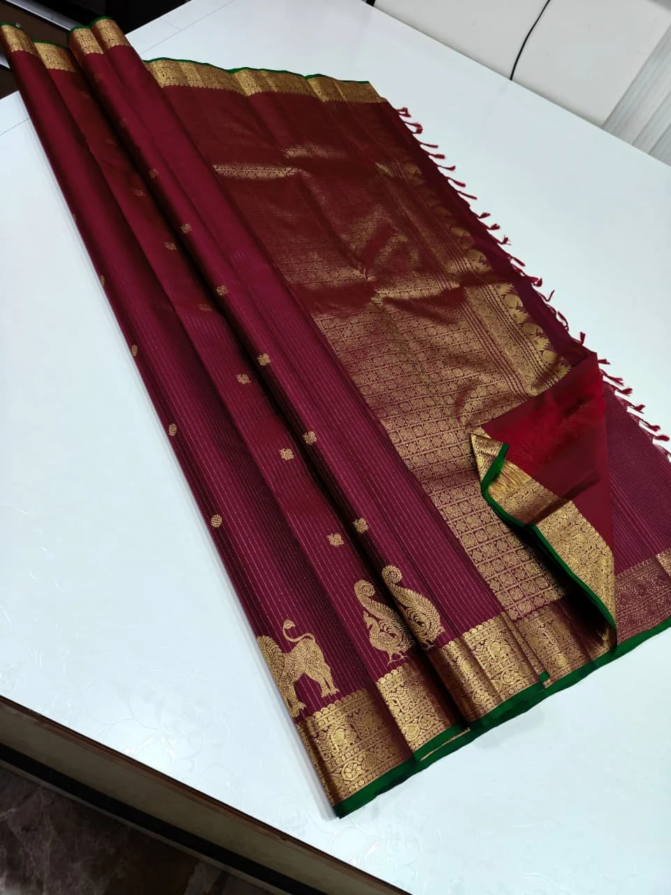 Dark Maroon Pure Kanchipuram Silk Saree with Heavy Antique Golden Border